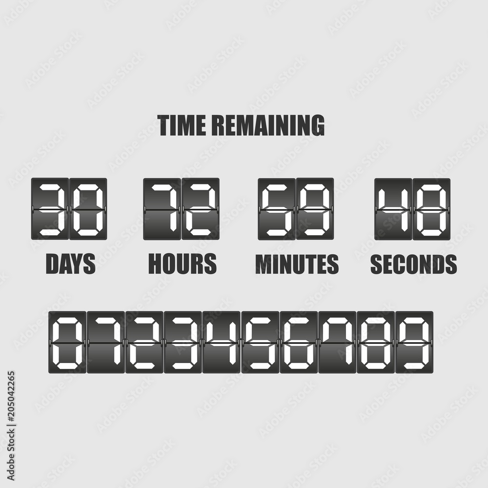Flip countdown clock counter timer. Vector time remaining count down flip board with scoreboard of day, hour, minutes and seconds for web page upcoming event template design, under constuction page. Flip countdown clock counter timer. Vector time remaining count down flip board with scoreboard of day, hour, minutes and seconds for web page upcoming event template design, under constuction page.