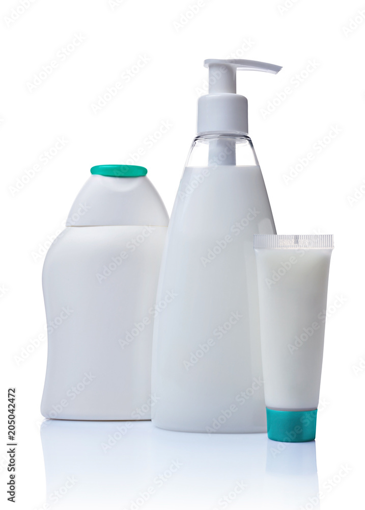 Blank white mockup plastic tube, dispenser and figured bottles of cosmetic products Blank white mockup plastic tube, dispenser and figured bottles of cosmetic products