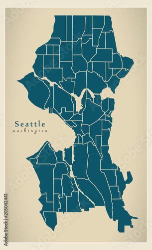 Modern City Map - Seattle Washington city of the USA with neighborhoods