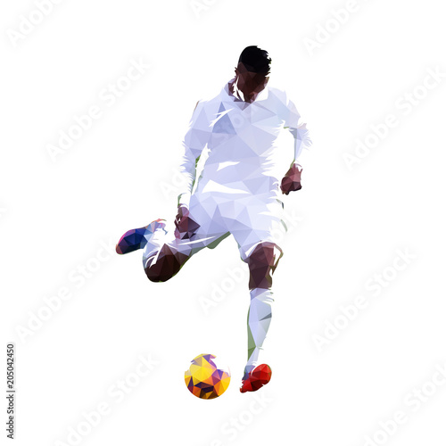 Soccer player kicking ball. European football player abstract polygonal vector illustration. Low poly sport icon