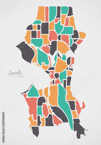 Seattle Washington Map with neighborhoods and modern round shapes