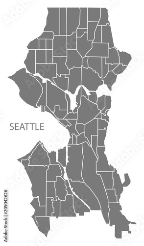 Seattle Washington city map with neighborhoods grey illustration silhouette shape