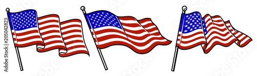 Set of waving USA flags.