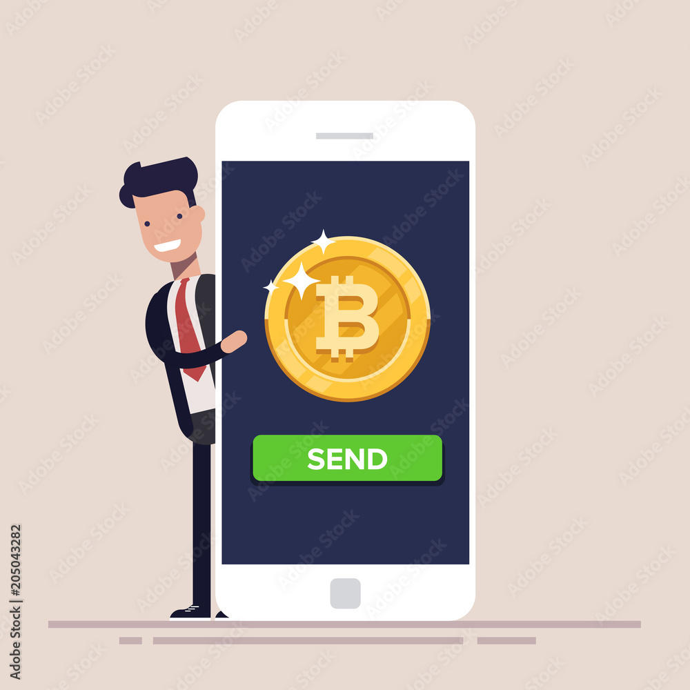 Sending bitcoin from your mobile phone. Concept of payment by crypto currency. Businessman is standing next to a large phone. Sending bitcoin from your mobile phone. Concept of payment by crypto currency. Businessman is standing next to a large phone.