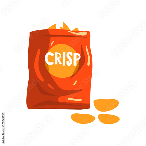 Red bag package of crisp potato chips snacks vector Illustration on a white background