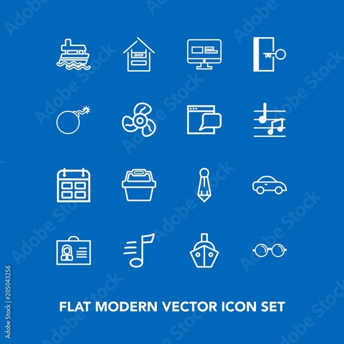 Modern, simple vector icon set on blue background with day, food, web, female, calendar, timetable, profile, time, boat, basket, woman, transport, cart, vessel, fashion, transportation, sea, eye icons