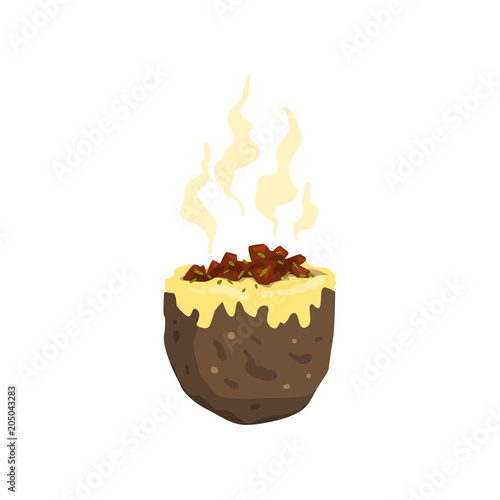 Baked jacket potato, tasty delicious hot fast food vector Illustration on a white background
