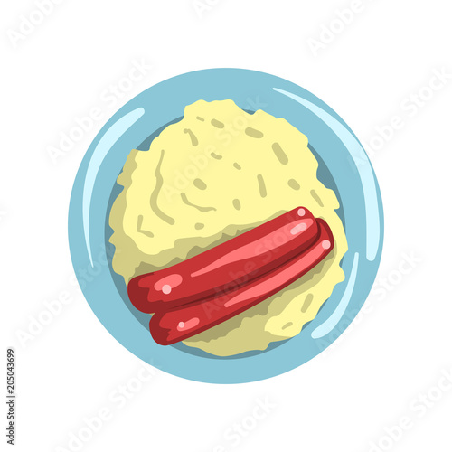 Mashed potato with sausages on a plate vector Illustration on a white background