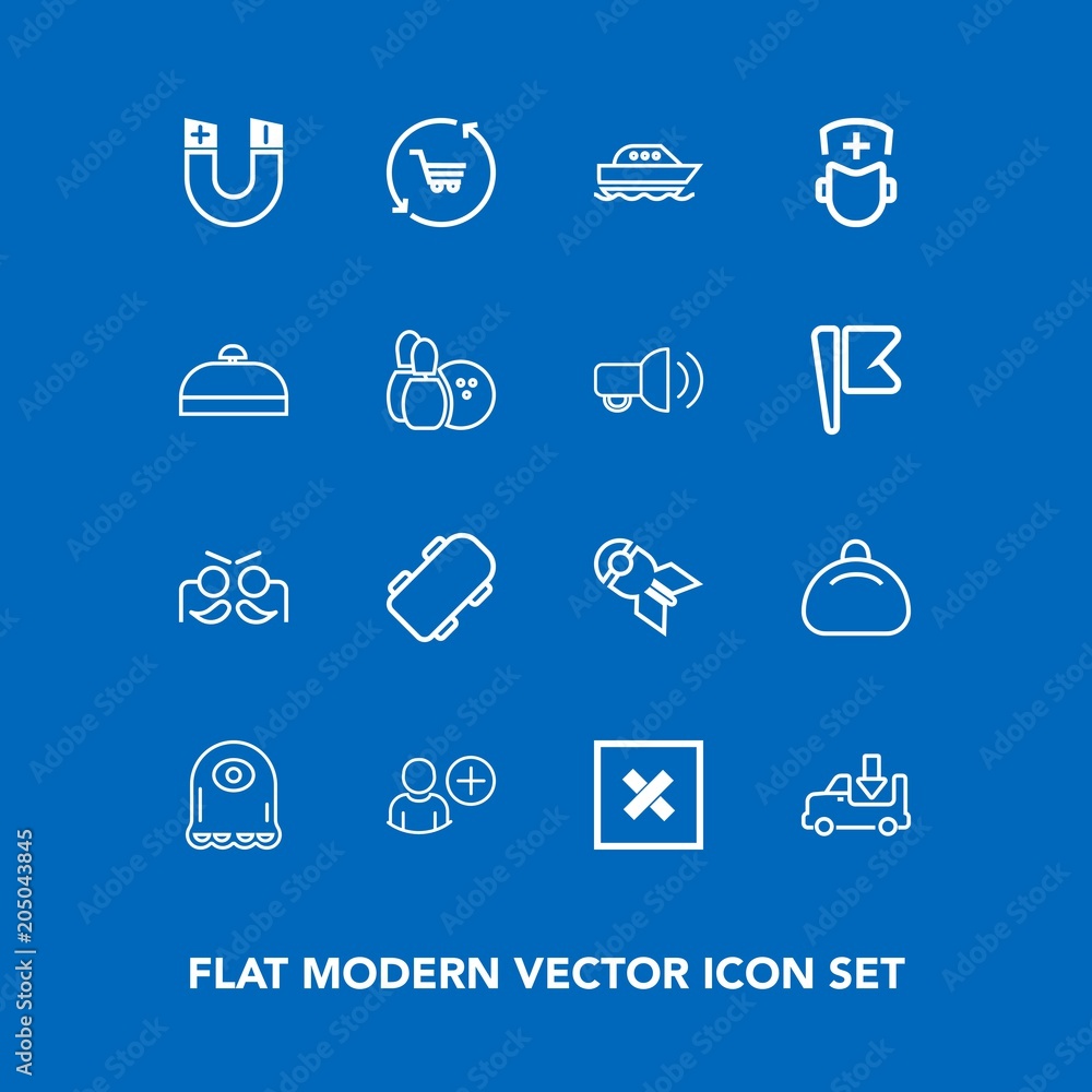 Modern, simple vector icon set on blue background with boat, weapon, nuclear, skate, shop, monster, style, board, bomb, trolley, party, falling, cart, sea, fashion, retail, carnival, water, user icons Modern, simple vector icon set on blue background with boat, weapon, nuclear, skate, shop, monster, style, board, bomb, trolley, party, falling, cart, sea, fashion, retail, carnival, water, user icons