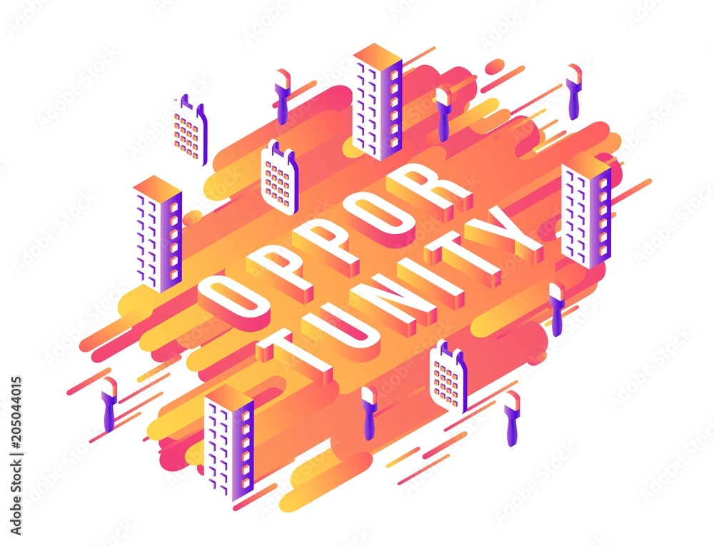 Opportunity isometric word design with volumetric letters and business elements on modern abstract gradient background with fluid color geometric shapes and stripes, isolated vector illustration.