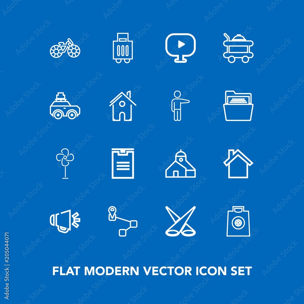 Modern, simple vector icon set on blue background with delivery, telephone, sale, bag, fan, box, airport, voice, spotlight, luggage, mobile, electric, ventilator, backdrop, business, bike, wheel icons Modern, simple vector icon set on blue background with delivery, telephone, sale, bag, fan, box, airport, voice, spotlight, luggage, mobile, electric, ventilator, backdrop, business, bike, wheel icons