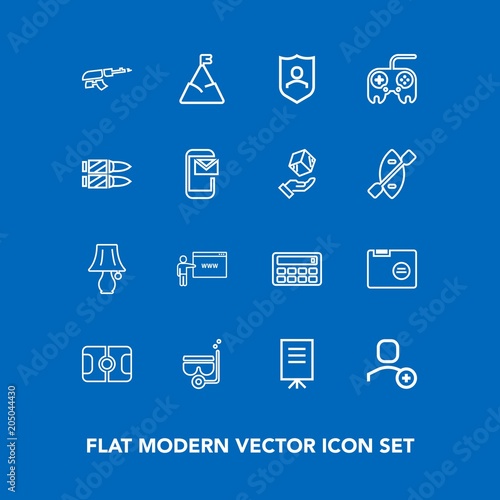 Modern, simple vector icon set on blue background with calculator, presentation, people, sea, blank, business, internet, blue, folder, weapon, meeting, army, nature, mask, water, sky, soccer, go icons