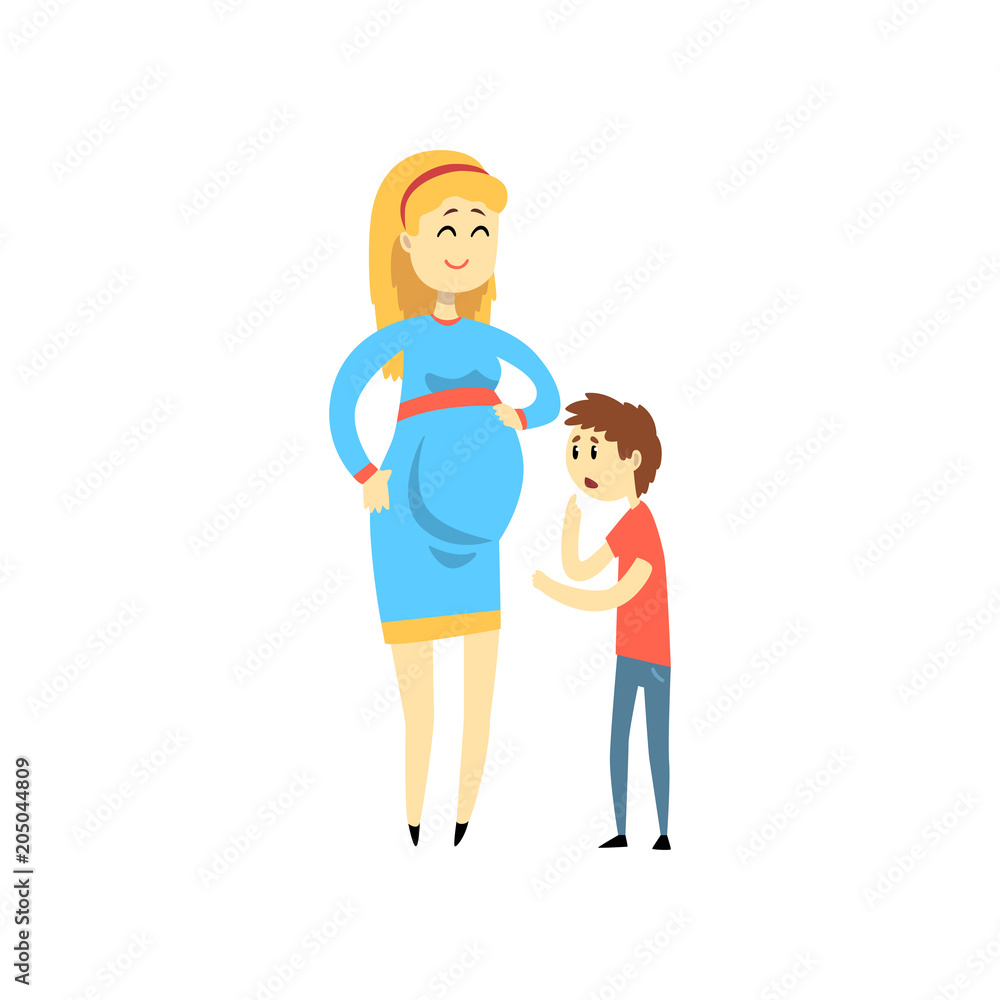 Pregnant woman and her son, happy family concept cartoon vector Illustration on a white background