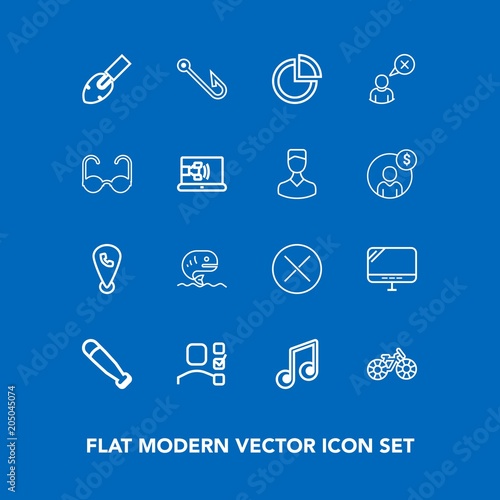 Modern, simple vector icon set on blue background with web, hook, fishing, transportation, location, baseball, office, wood, sound, computer, white, laptop, fish, equipment, note, phone, map, pc icons photo