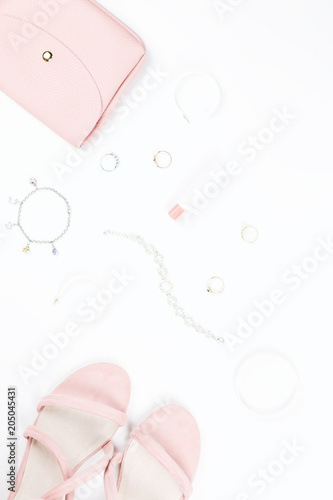 Fashion accessories, make up products, sandals and handbag on white background. Beauty and fashion concept, flat lay