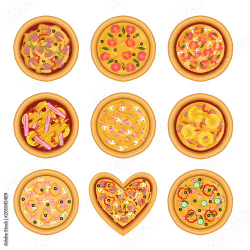 Flat vector set of tasty pizza with different ingredients. Delicious fast food. Traditional Italian dish