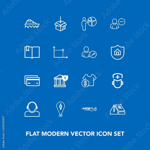 Modern, simple vector icon set on blue background with medicine, center, people, hobby, water, sale, pin, meeting, service, debit, businessman, boat, map, sea, window, shop, transport, location icons