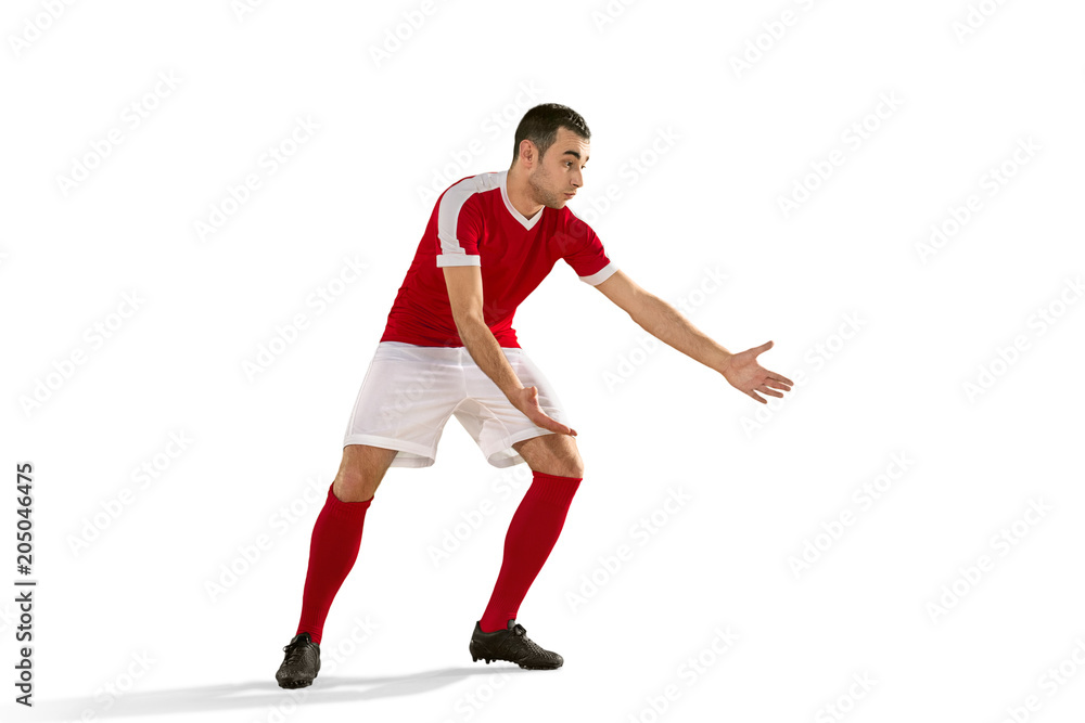 Professional football soccer player isolated white background Professional football soccer player isolated white background