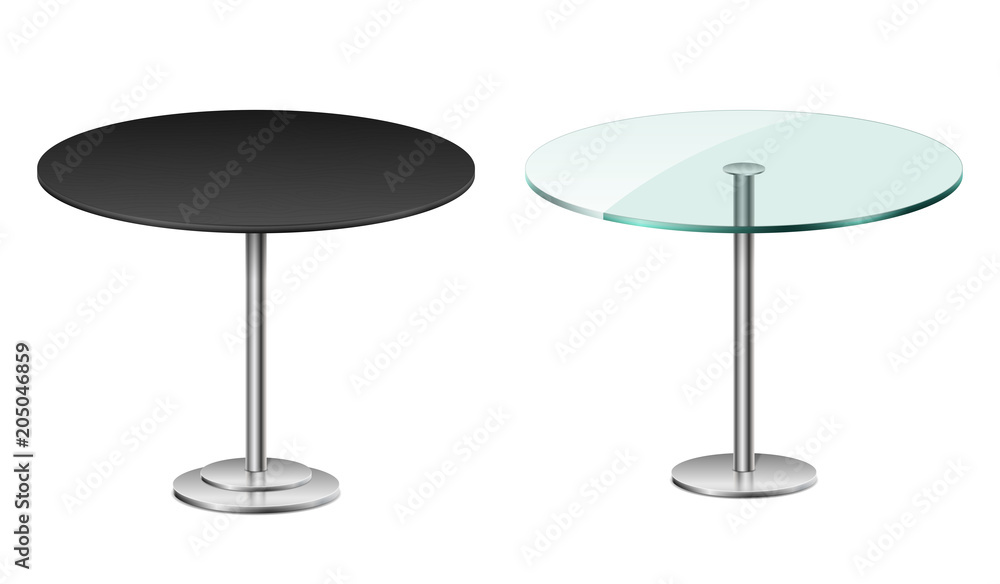 Empty modern black round table isolated on white. Vector glass table with metal stand template for restaurant or cafe interior. vector Illustration Empty modern black round table isolated on white. Vector glass table with metal stand template for restaurant or cafe interior. vector Illustration