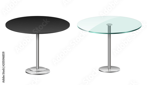 Empty modern black round table isolated on white. Vector glass table with metal stand template for restaurant or cafe interior. vector Illustration