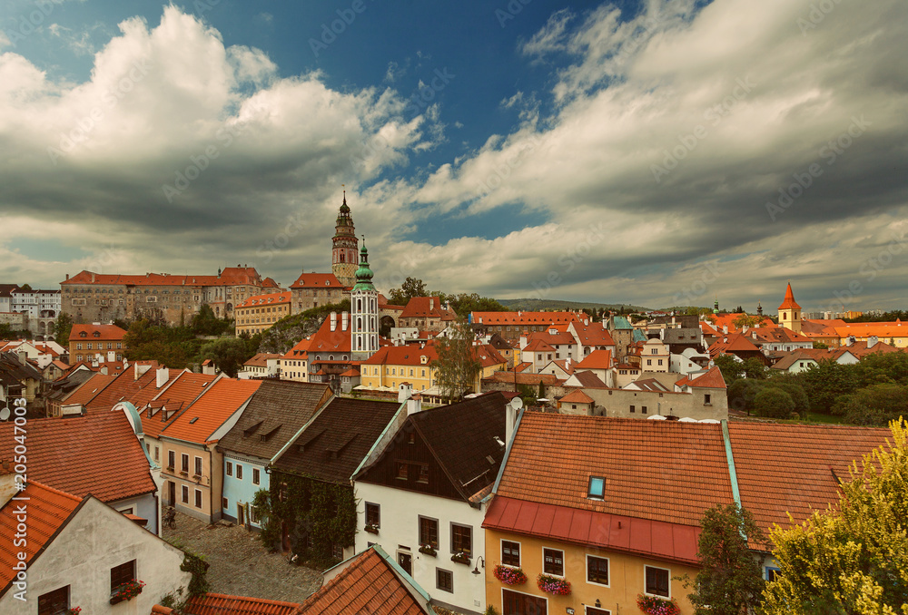 CESKY KRUMLOV, BOHEMIA, CZECH REPUBLIK - View of the Old town, Castle and Castle tower at sunset