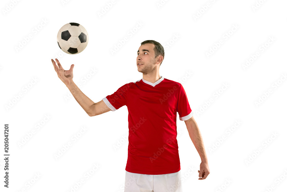 Professional football soccer player isolated white background Professional football soccer player isolated white background