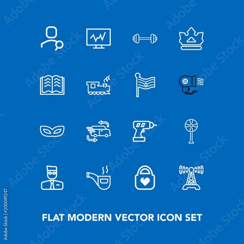 Modern, simple vector icon set on blue background with business, air, diagnostic, tobacco, carnival, music, sport, technology, retro, workout, fan, account, profile, celebration, pipe, bag, mask icons