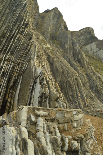 Mountain Of Geological Formations Of The Flysch Type Geopark Basque Route UNESCO. Filmed Game Of Thrones. Itzurun Beach. Geology Landscapes Travel. Zumaia Guipouzcoa Basque Country Spain. photo