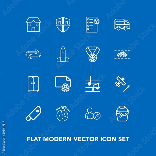 Modern, simple vector icon set on blue background with rocket, checklist, cabinet, meat, airplane, furniture, music, technology, box, shield, security, kitchen, handle, space, plane, bucket, web icons