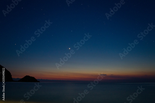Motion blurred picture of a mediterranean sea at night under a beautiful sky with stars  seen from Petani beach on Cephalonia