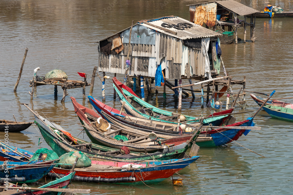 Traditional fishing boats in a fishing village, Vietnam