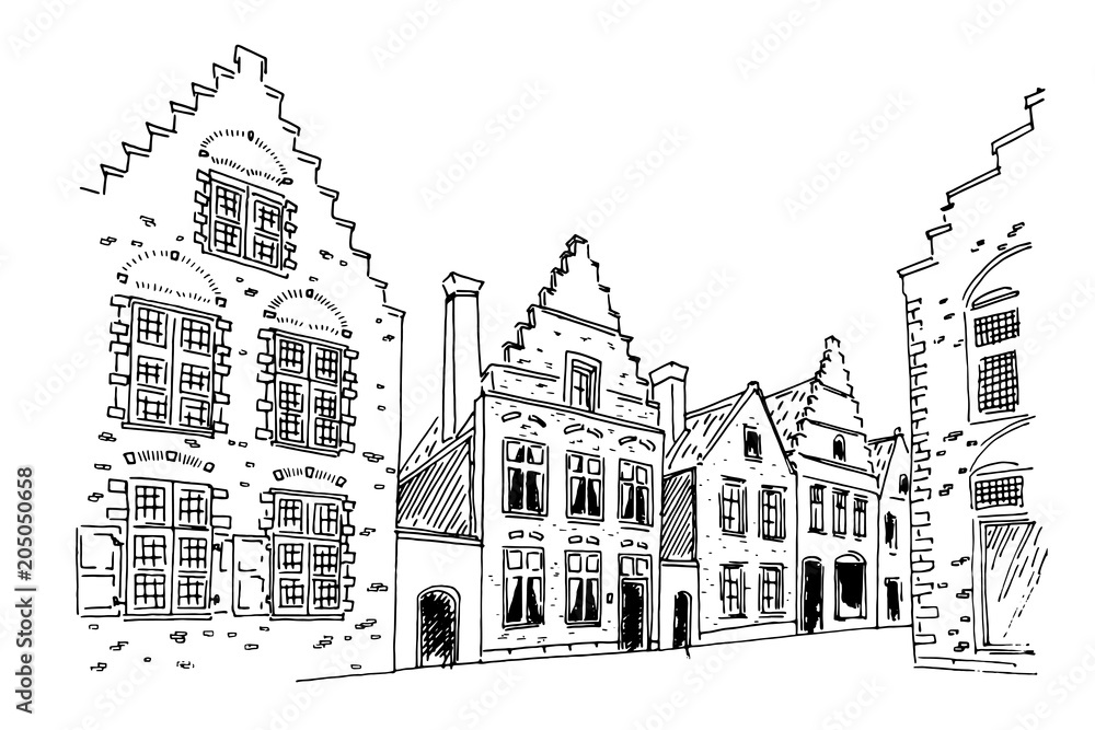 Obraz premium Vector sketch of Traditional architecture in the town of Bruges (Brugge), Belgium