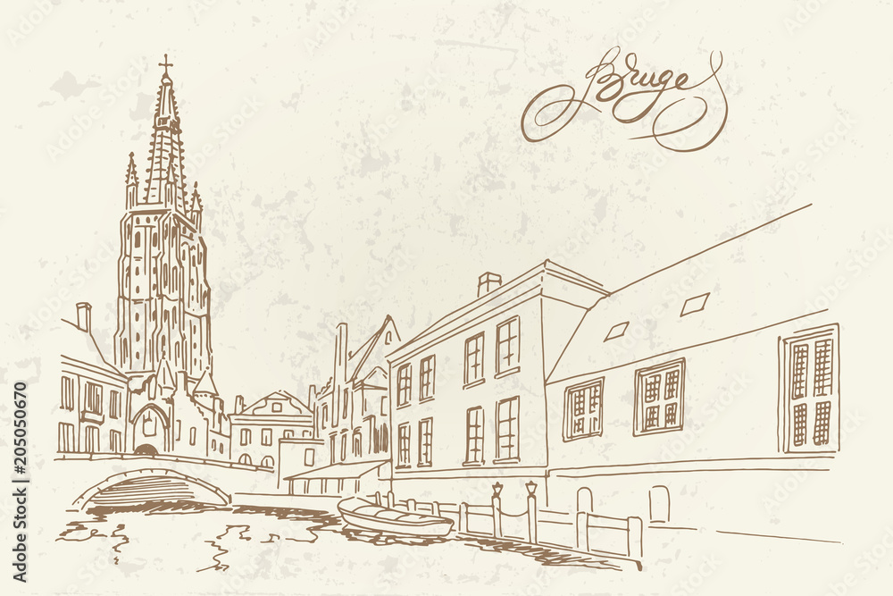 Vector sketch of Church of Our Lady, Onze Lieve Vrouw Brugge, Belgium.