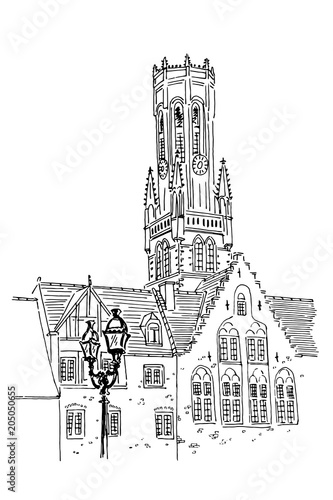 Fototapeta Vector sketch of Belfort van Brugge -  famouse 12th-century belfry Belfort of Bruges and Grote Markt square, Belgium
