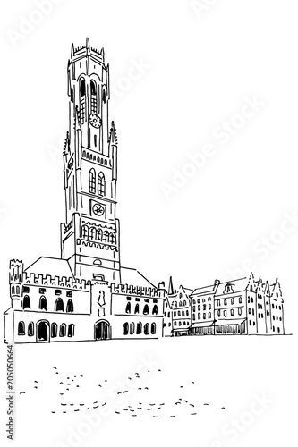 Vector sketch of Belfort van Brugge - famouse 12th-century belfry Belfort of Bruges and Grote Markt square, Belgium.