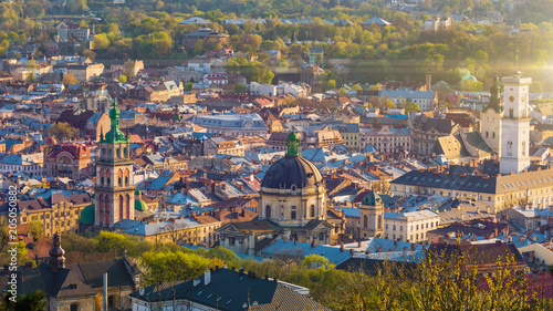 Obraz na płótnie Aerial view of historical old city district of Lviv, Ukraine