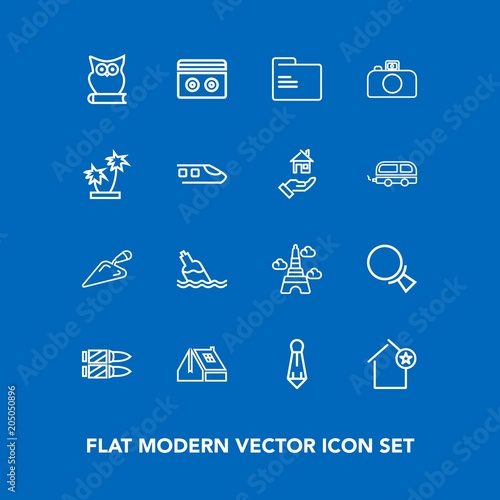 Modern, simple vector icon set on blue background with paris, equipment, tie, stereo, landmark, eiffel, tower, window, gun, male, file, water, clean, home, france, apartment, roof, bottle, audio icons photo