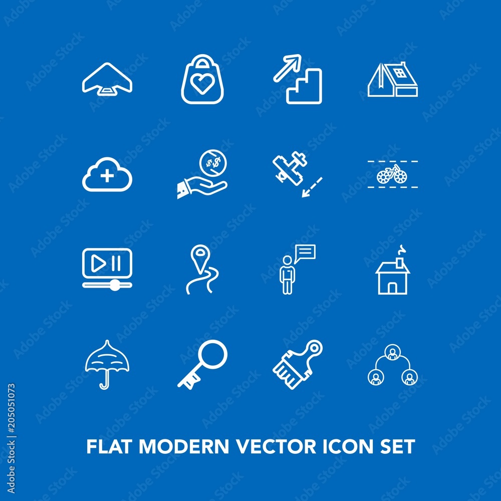 Modern, simple vector icon set on blue background with roof, location, open, down, business, building, rain, communication, leather, sky, security, object, parachute, people, white, up, door, icons Modern, simple vector icon set on blue background with roof, location, open, down, business, building, rain, communication, leather, sky, security, object, parachute, people, white, up, door, icons