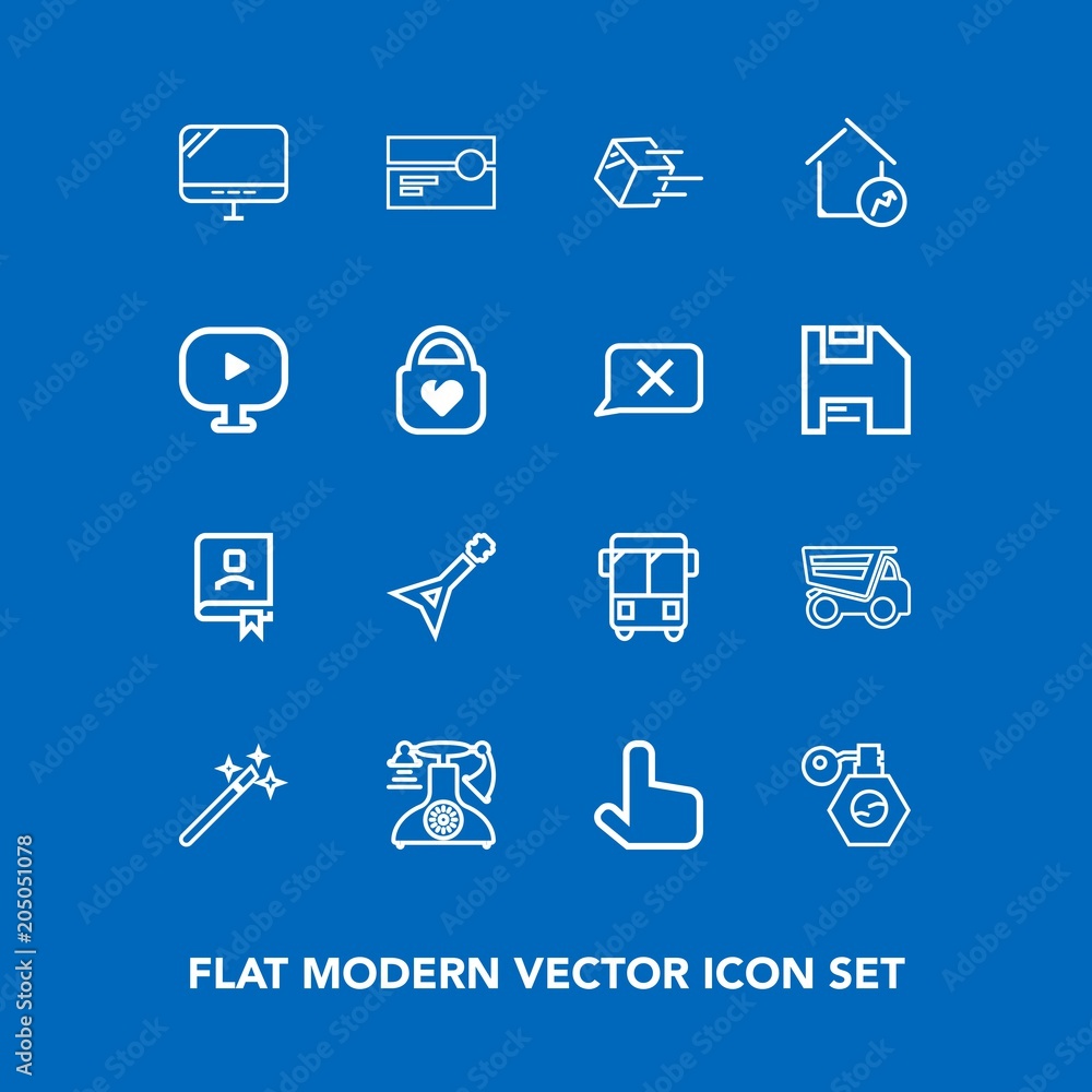 Modern, simple vector icon set on blue background with shipping, old, pc, magic, truck, magician, pointer, computer, perfume, transport, call, tipper, pump, delivery, stereo, speed, house, click icons Modern, simple vector icon set on blue background with shipping, old, pc, magic, truck, magician, pointer, computer, perfume, transport, call, tipper, pump, delivery, stereo, speed, house, click icons