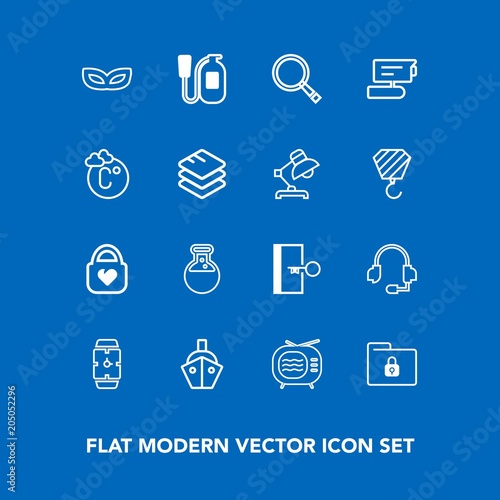 Modern, simple vector icon set on blue background with file, support, emergency, security, call, microphone, medicine, carnival, danger, search, object, fashion, fire, boat, ship, leather, sea icons