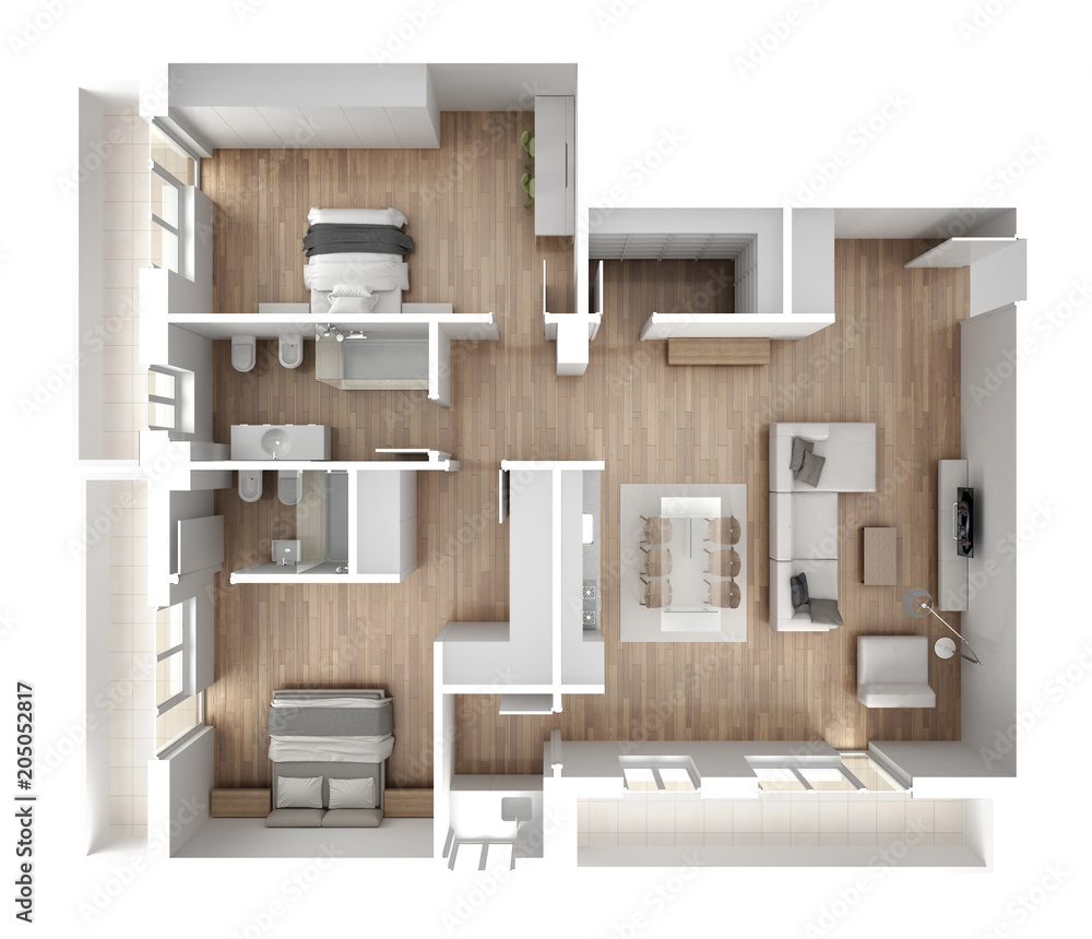 Apartment flat top view, furniture and decors, plan, cross section interior  design, architect designer concept idea, white background Stock  Illustration | Adobe Stock