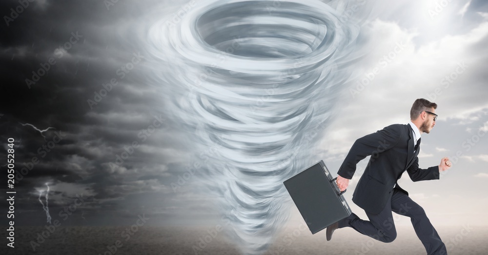 Fototapeta premium Tornado twister painted and dark sky with businessman running