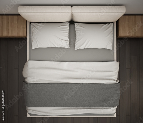 Foto Modern bedroom, top view, closeup on double gray and cream bed, parquet floor, c