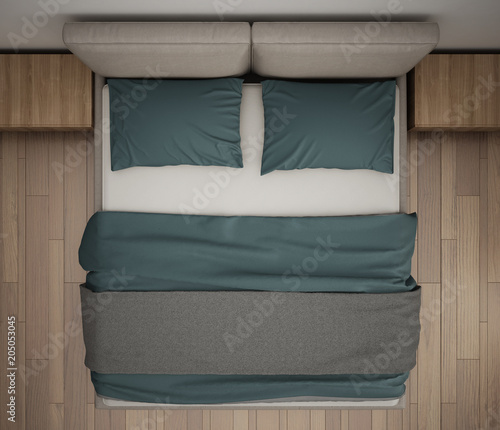 Fotografie Modern bedroom, top view, closeup on double gray and blue bed, parquet floor, co
