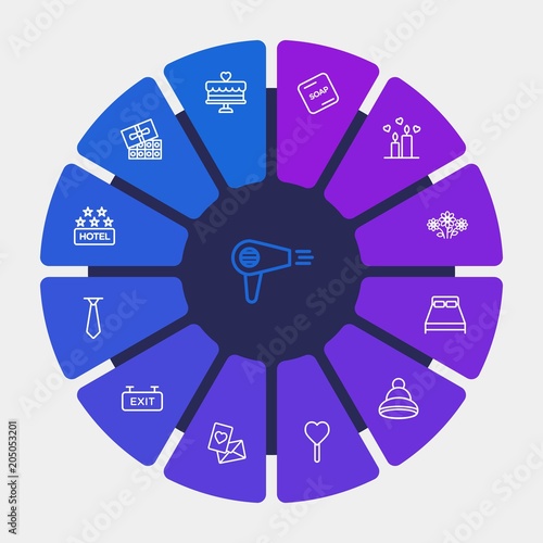 hotel, clothes, valentine Infographic Circle outline Icons Set. Contains such Icons as sweet, day, cold, room, candy, valentine, modern, cake, holiday and more. Fully Editable. Pixel Perfect