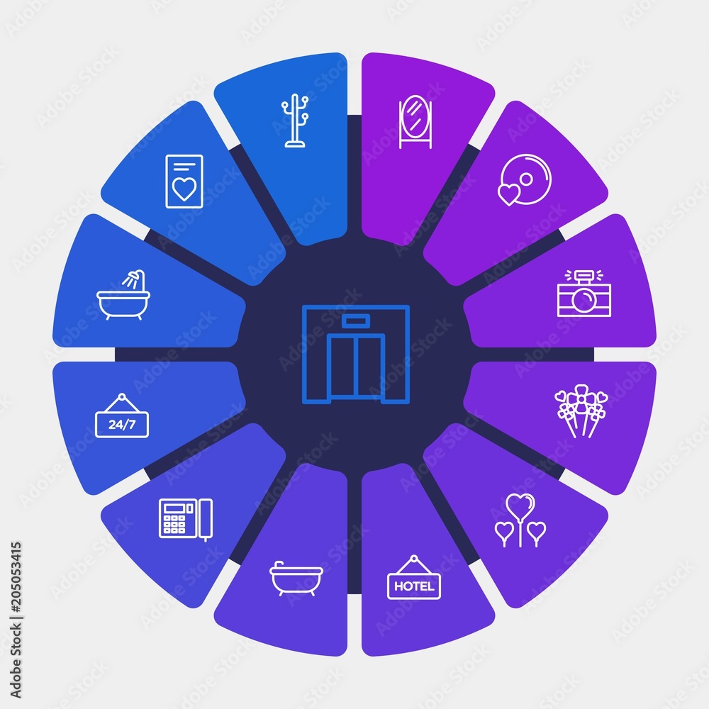 hotel, clothes, valentine Infographic Circle outline Icons Set. Contains such Icons as card, bunch, photo, print, photography, casual, original, elevator and more. Fully Editable. Pixel Perfect hotel, clothes, valentine Infographic Circle outline Icons Set. Contains such Icons as card, bunch, photo, print, photography, casual, original, elevator and more. Fully Editable. Pixel Perfect