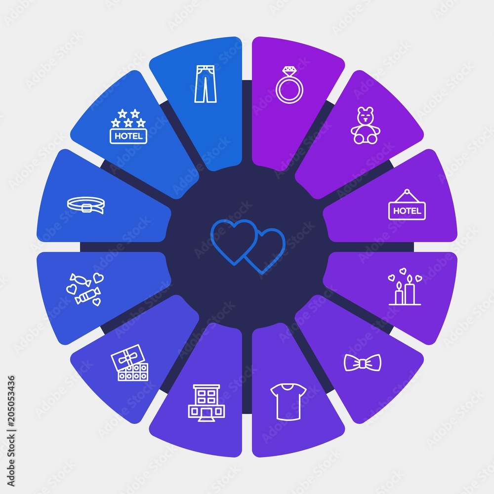 Obraz premium hotel, clothes, valentine Infographic Circle outline Icons Set. Contains such Icons as heart, city, architecture, tie, candle, room, business, candy and more. Fully Editable. Pixel Perfect