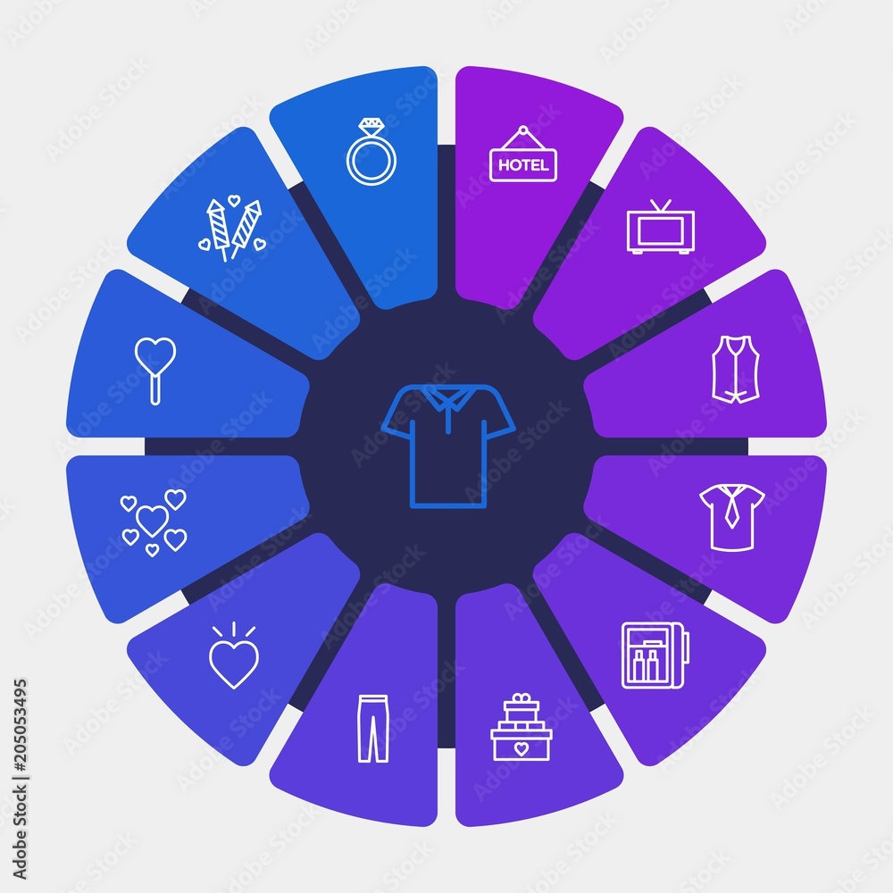Fototapeta premium hotel, clothes, valentine Infographic Circle outline Icons Set. Contains such Icons as luxury, wedding, technology, jewelry, festival, ring, gift, day and more. Fully Editable. Pixel Perfect
