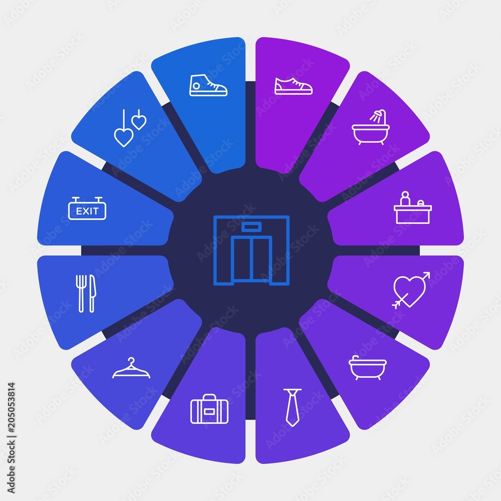 hotel, clothes, valentine Infographic Circle outline Icons Set. Contains such Icons as desk, shoes, bath, spa, style, modern, reception, valentine, tie and more. Fully Editable. Pixel Perfect hotel, clothes, valentine Infographic Circle outline Icons Set. Contains such Icons as desk, shoes, bath, spa, style, modern, reception, valentine, tie and more. Fully Editable. Pixel Perfect
