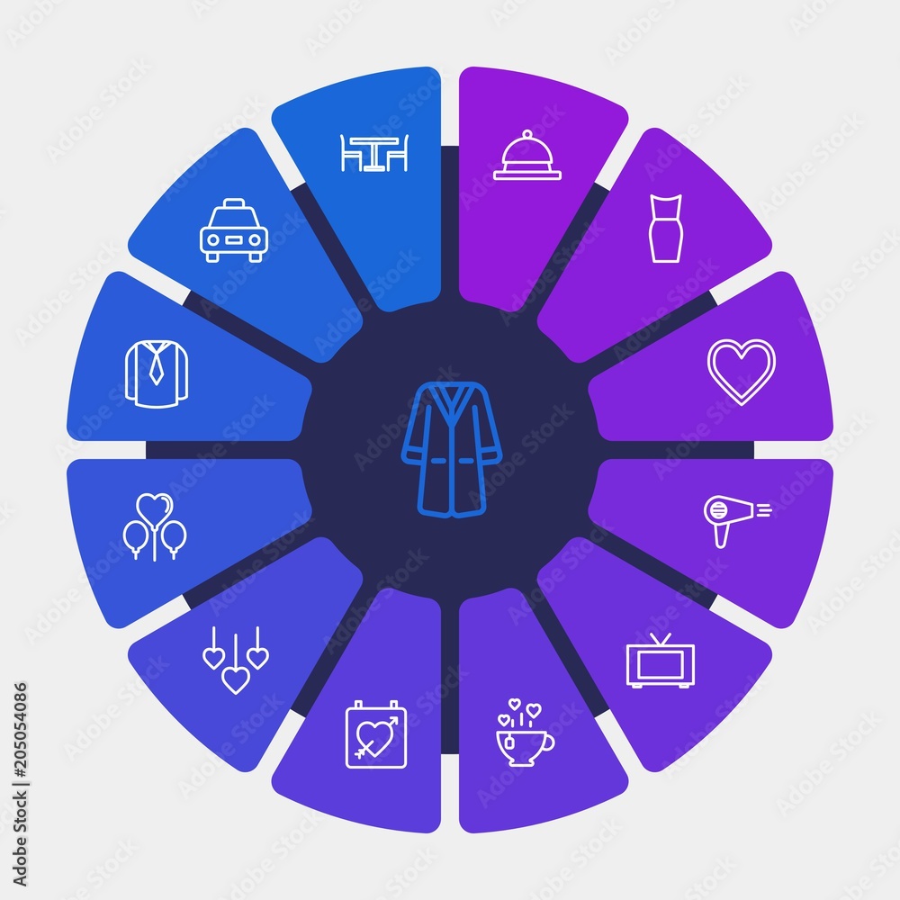 hotel, clothes, valentine Infographic Circle outline Icons Set. Contains such Icons as salad, background, beauty, royal, valentine, restaurant, interior and more. Fully Editable. Pixel Perfect hotel, clothes, valentine Infographic Circle outline Icons Set. Contains such Icons as salad, background, beauty, royal, valentine, restaurant, interior and more. Fully Editable. Pixel Perfect